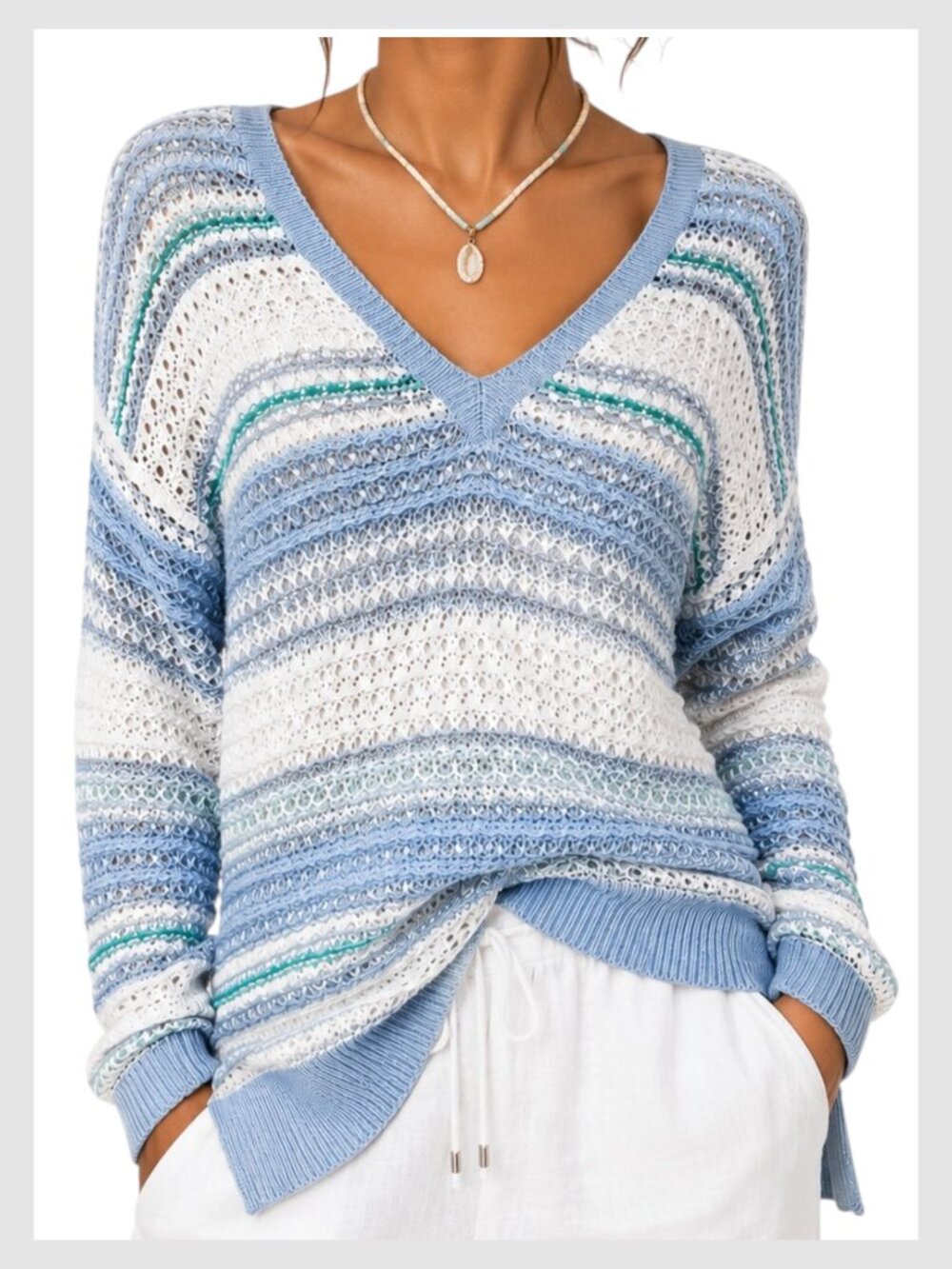 White House Black Market Open Knit Sweater Blue White Striped Lightweight M